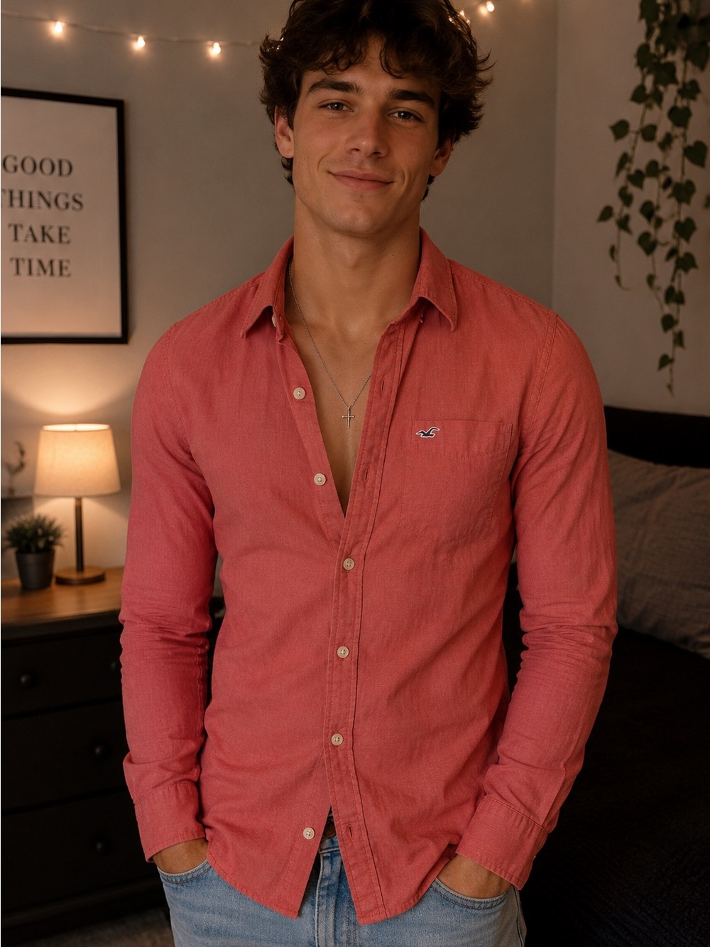 Hollister Men’s Coral Button-Down Long-Sleeve Shirt